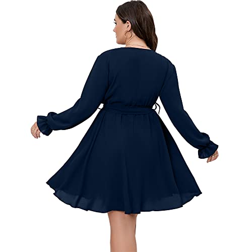 SCOMCHIC Women's Plus Size Long Sleeve Wrap V Neck A Line Mini Dress - color: Navy Blue, size: X-Large Plus
