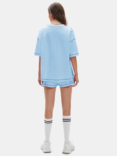 EXLURA Womens Short Sets 2 Piece Outfits Summer 100% Cotton Matching Set - color: Light Blue, size: Small
