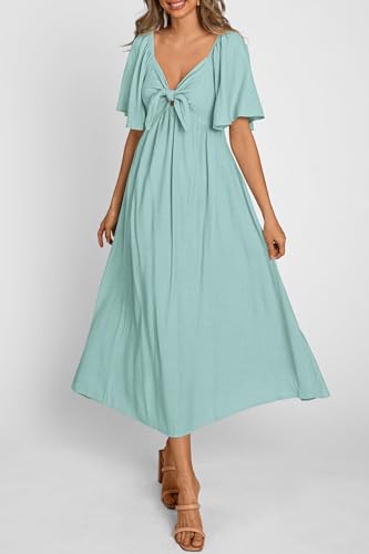 PRETTYGARDEN Women's Summer Bow Tie V Neck Midi Dresses - color: Aqua Green, size: Medium