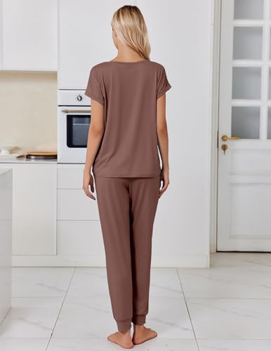 Ekouaer Womens Pajama Sets 2 Piece Lounge Set Short Sleeve Jogger Pants Pjs - color: Brown, size: Small