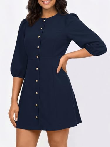 Wenrine Womens Work Mini Dress 3/4 Sleeve Button Down Business Dresses - color: Navy, size: Medium