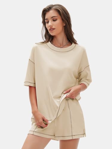 EXLURA Womens Short Sets 2 Piece Outfits Summer 100% Cotton Matching Set - color: Apricot, size: X-Large