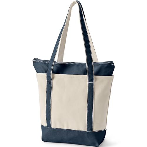 Lands' End Zip Canvas Tote - color: Natural/Radiant Navy, size: Large Long Handle