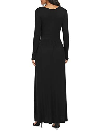 LILBETTER Women Long Sleeve Deep V Neck Loose Plain Long Maxi Casual Dress - color: Black, size: Large