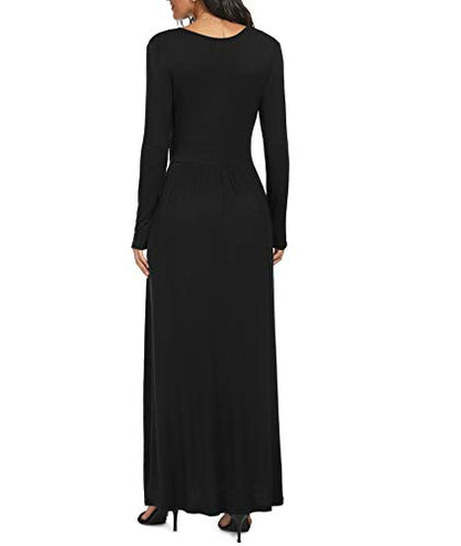 LILBETTER Women Long Sleeve Deep V Neck Loose Plain Long Maxi Casual Dress - color: Black, size: Large