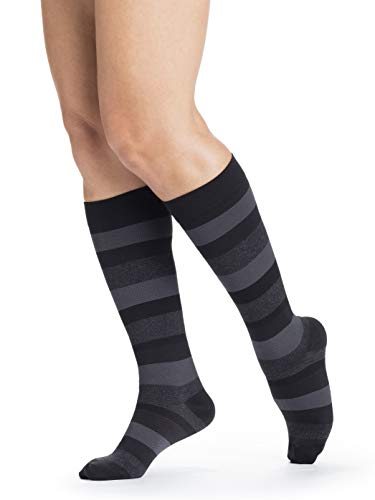 Sigvaris Women's Microfiber Patterns 143 Calf High Compression Socks 15-20mmHg - color: Onyx Stripe, size: 10-12