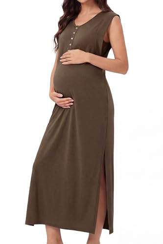 OUGES Women's Anti-Wrinkle Airy Layer Summer Maternity Dress V Neck Split Midi Nursing Dresses with Pockets 2026 - color: Coffee, size: Medium