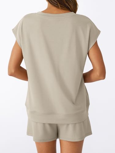 AUTOMET 2 Piece Summer Short Set Matching V Neck Cap Sleeve Lounge Clothing - color: Khaki, size: Medium