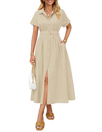 ZESICA Women's Summer Button Down Short Sleeve Midi Dress - color: Natural, size: Small