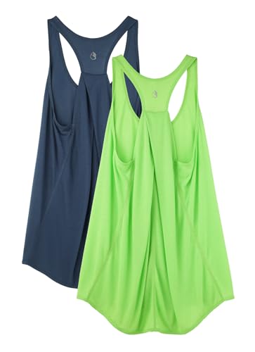 icyzone Women's Racerback Workout Athletic Running Tank Tops Loose Fit (Pack of 2) - color: True Navy/Grass Green, size: Medium