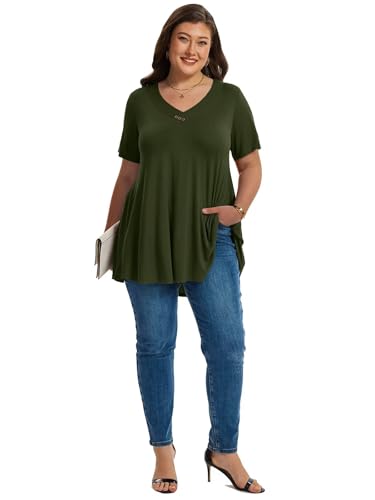 LARACE Plus Size Tops for Womens Button Down Tunics Shirts Summer Blouses - color: Armygreen, size: 4X