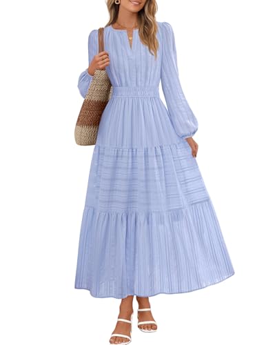 MEROKEETY Womens Fall Puff Long Sleeve Casual V Neck Modest Midi Maxi Dress - color: Blue, size: Medium