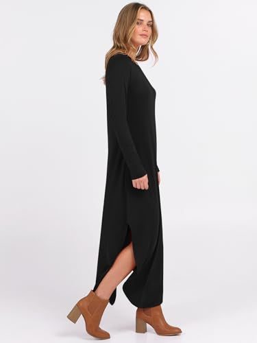 ANRABESS Women's Long Sleeve Fall Maxi T-Shirt Dress with Pockets - color: Black, size: Medium