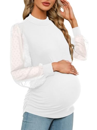 FMEYOA Women's Maternity Shirt Long Sleeve Top Mock Neck Blouse - color: White, size: Large