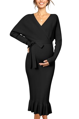 OUGES 2025 Maternity Sweater Nursing Dress for Photoshoot Baby Shower Wedding Guest Outfits Fishtail Ribbed Knit Clothes - color: Black, size: X-Large