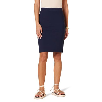 Amazon Essentials Women's Ponte Pull-On Fitted Pencil Skirt, Business Casual, Everyday Wear - color: Navy, size: Large