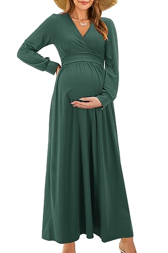 OUGES Women's Wrap Pregnancy Maxi V Neck Fall Baby Shower Maternity Dress - color: Dark Green, size: X-Large