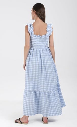 Women's Sleeveless Strap Retro Plaid A-Line Smocked Maxi Long Dress with Ruffled Hem - color: Sky Blue, size: Large