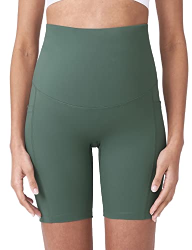POSHDIVAH Maternity Biker Shorts Over the Belly with Pockets 5"/8" - color: Black Crab Green, size: Medium