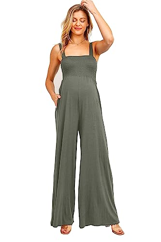 Women's Maternity Sleeveless Jumpsuit Romper with Smocked neck and pockets - color: Green, size: Medium