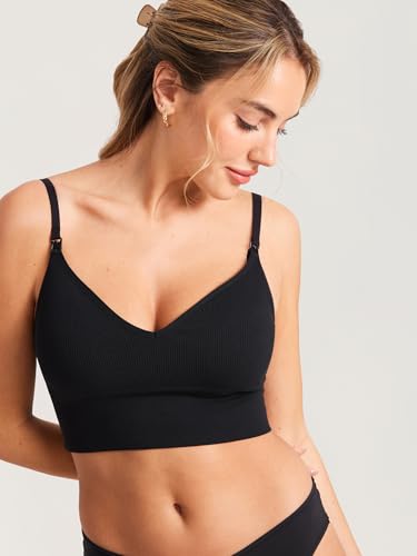 MOMANDA Ribbed Longline Nursing Bras - color: Black, size: Medium