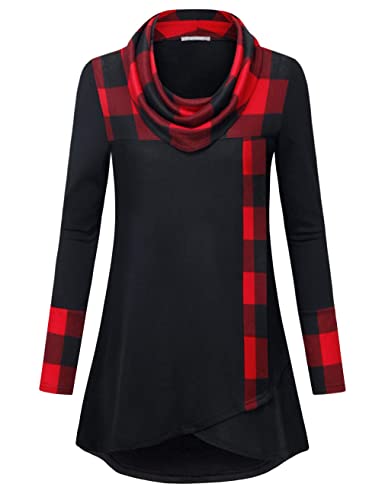 Furnex Women's Long Sleeve Cowl Neck Tunic Top Casual Pullover Sweatshirt - color: Black Red, size: Medium