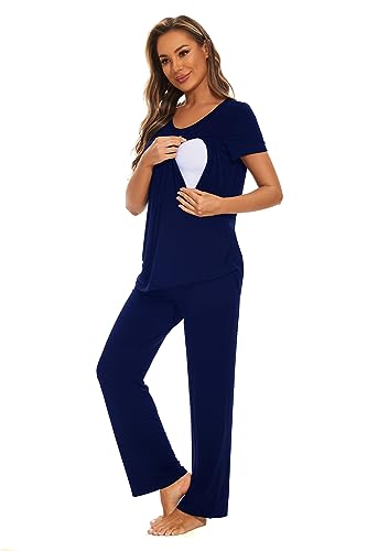 Smallshow Women's Maternity Nursing Pajamas - color: Navy, size: XX-Large