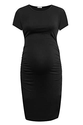 Smallshow Women's Short Sleeve Maternity Dress Ruched Pregnancy Clothes - color: Black, size: Large