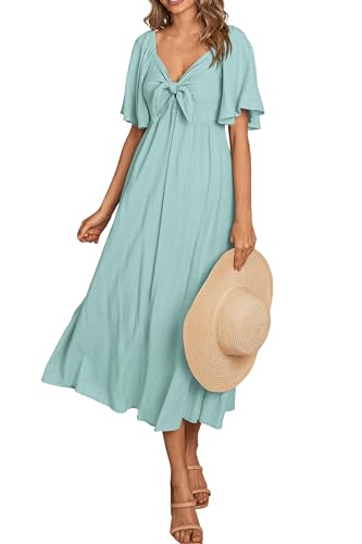 PRETTYGARDEN Women's Summer Bow Tie V Neck Midi Dresses - color: Aqua Green, size: Medium