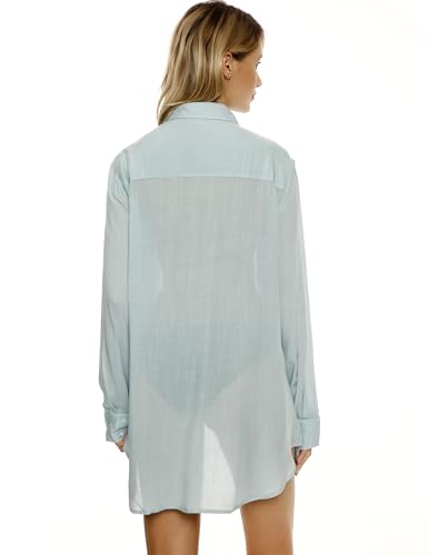 TOUSYEA Soft Women's Sleepshirt Oversized Button Down Swimsuit Cover Ups - color: Light Blue, size: XX-Large