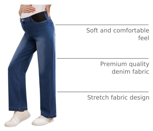 Women's Maternity Jeans, Mid-Rise Adjustable Waist, Relaxed Straight Leg Stretch Pants for Pregnancy and Postpartum - color: Dark Blue, size: Medium