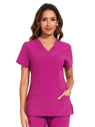 Scrubs Tops for Woman - Soft Stretch, V-Neck Tops - color: Azalea Pink, size: Medium