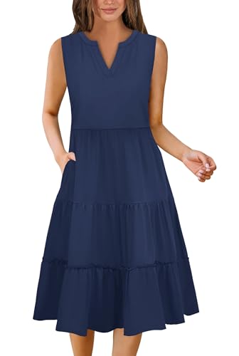Summer Dresses for Women 2026 Flowy Casual Boho Midi Sun Dress with Pockets - color: Solid-navy, size: Medium