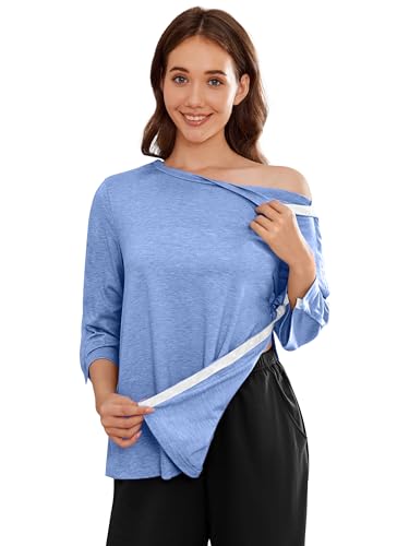 Deyeek Women's Post Shoulder Surgery Shirts Tear Away 3/4 Snap Tops - color: Blue, size: Medium