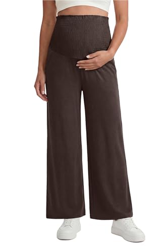 OUGES Womens Lyocell Cotton Maternity Pants Over Belly Smocked Waist Stretchy Casual Wide Leg Palazzo Pants with Pockets - color: Dark Brown, size: Medium