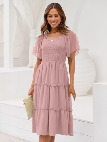 LILLUSORY Women Tiered Flutter Sleeve Square Neck Smocked Midi Dress - color: Pink, size: Medium