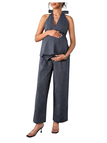 OYOANGLE Women's Maternity 2 Piece Outfits Striped Halter Tops Pants Sets - size: Small