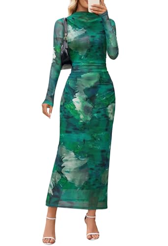 MEROKEETY Womens Fall Long Sleeve Floral Wedding Guest Maxi Dress - color: Green, size: X-Large