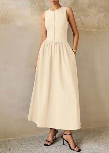 PRETTYGARDEN Pleated Maxi Dresses for Women with Pockets - color: Beige, size: Large