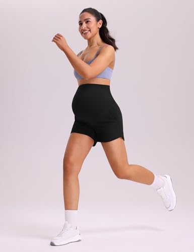 Mama Land Women's Maternity Athletic Shorts with Pockets, 4 Inch - color: Black, size: Large
