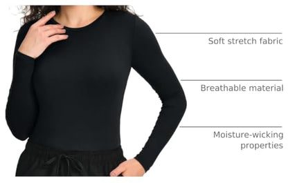 COZYFIT Underscrub Long Sleeve Women, Scrubs Undershirts, High Crew Neck - color: Black, size: Medium
