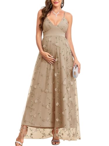 AISWI 3D Floral Maternity Maxi Dress V-Neck Tulle Spaghetti Strap A-Line Pregnancy Gown for Baby Shower Wedding Party - color: Khaki, size: Medium