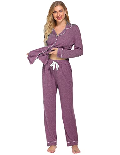 Ekouaer Women's Pajamas Long Sleeve Loungewear Casual Button Down Pjs - color: Cherry Red, size: XX-Large
