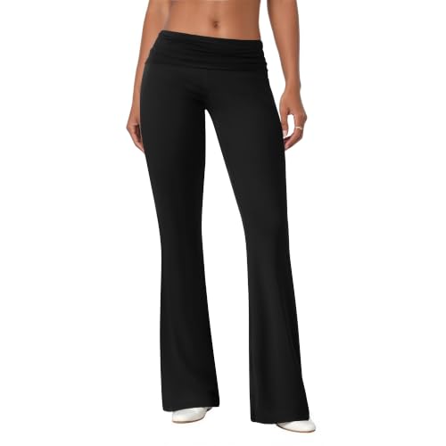 COPYLEAF Flare Leggings for Women Fold Over Stretch Bell Bottom Yoga Pants - color: Black, size: Medium
