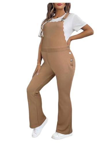 OYOANGLE Women's Maternity Side Button Jumpsuit Sleeveless Overalls - color: Khaki, size: X-Small
