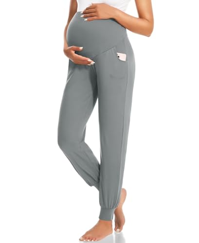 HIGHDAYS Maternity Pants with Pockets, Over Belly Thick Pregnancy Leggings - color: Light Gray, size: Small