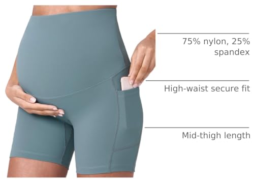 POSHDIVAH Maternity Biker Shorts Over the Belly with Pockets 5"/8" - color: Black Light Green, size: Medium