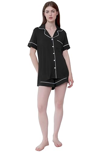 Cherrydew Women's Bamboo Viscose Cooling Button Up Pajama Shorts Set - color: Black, size: Large