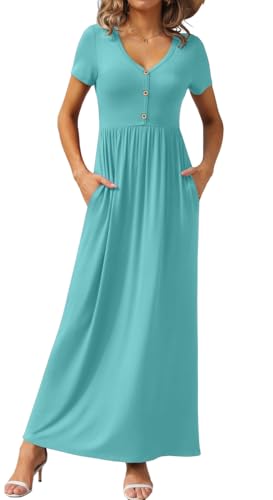 GRECERELLE Womens Summer Long Maxi Dresses 2026 Short Sleeve V Neck Casual Button Dress with Pockets - color: Cyan, size: Medium