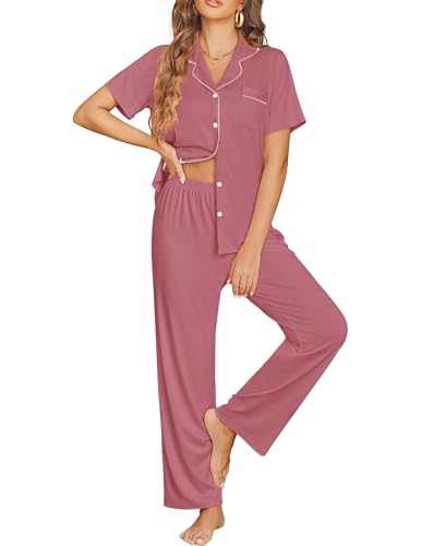 Ekouaer Womens Pajama Sets Button Down Lounge Sets 2 Piece Short Sleeve Pjs - color: Old Rose, size: X-Large